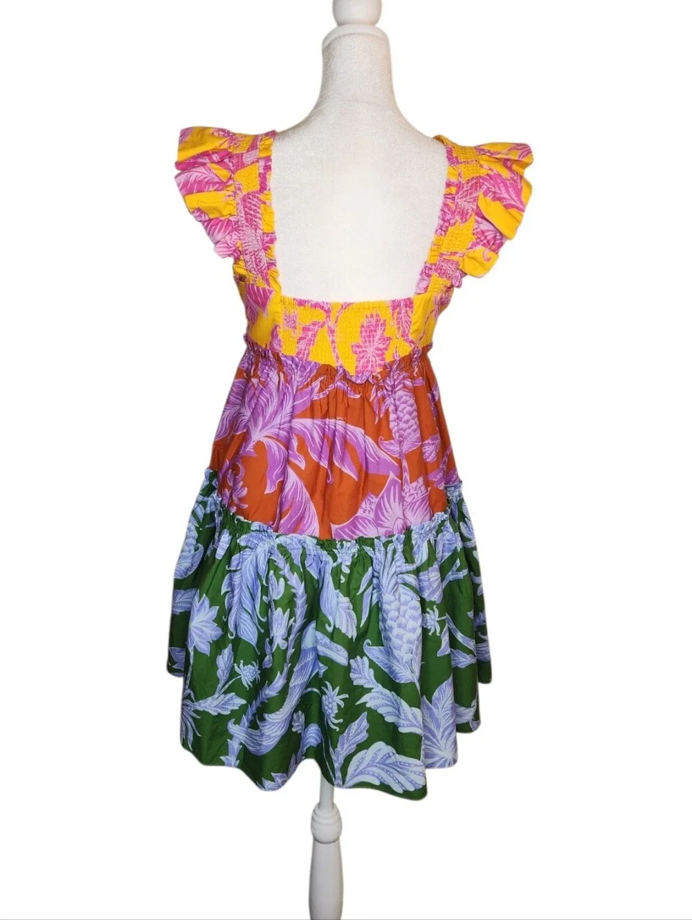 Farm Rio Tiered Tropical Printed Cotton Swing Mini Dress XS - Picture 3 of 8